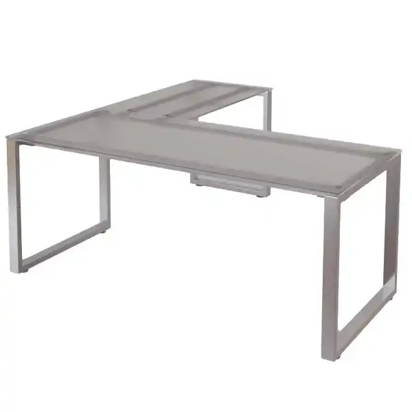 Mesa de cristal transl�cido para oficina con ala auxiliar tambi�n de cristal y patas cuadradas.