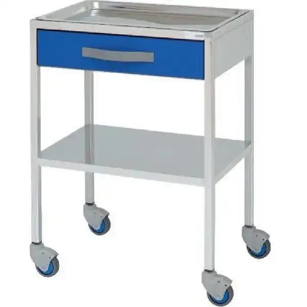 Mesa auxiliar cl�nica con 1 caj�n y 1 estante y ruedas.